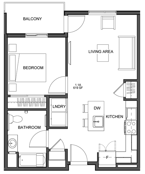 Floor plan for 1 bed, 1 bath, 495 sqft